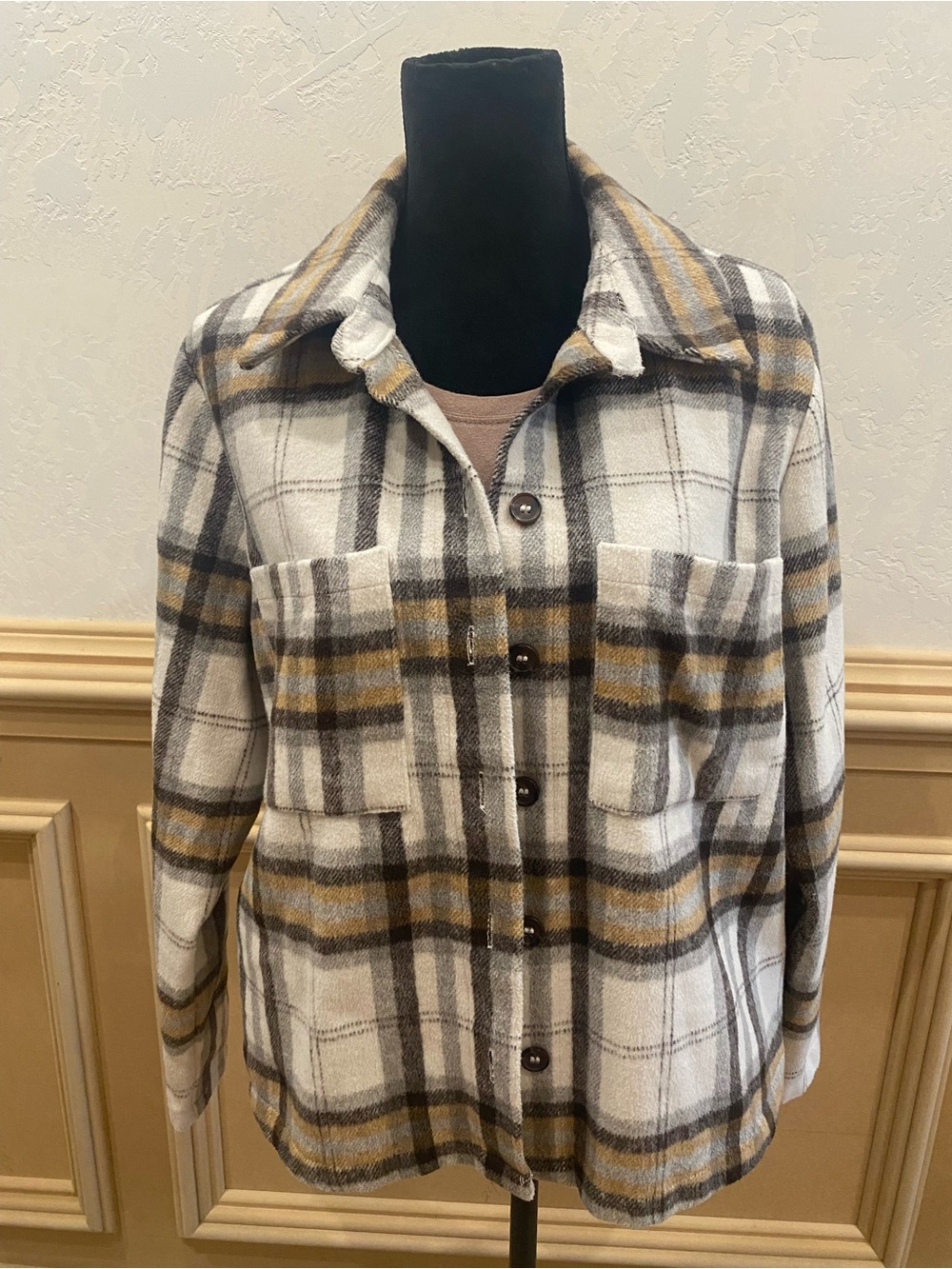 Plaid Button-Front Shacket Jacket in Cream, Gray & Mustard -Women's